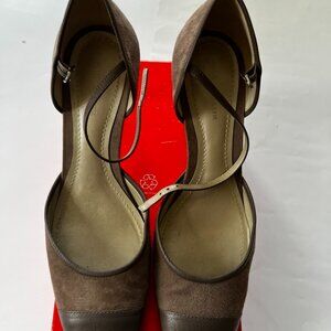 Ann Taylor Gray/Brown Suede Leather Mary Jane Sandal Heel size 8
